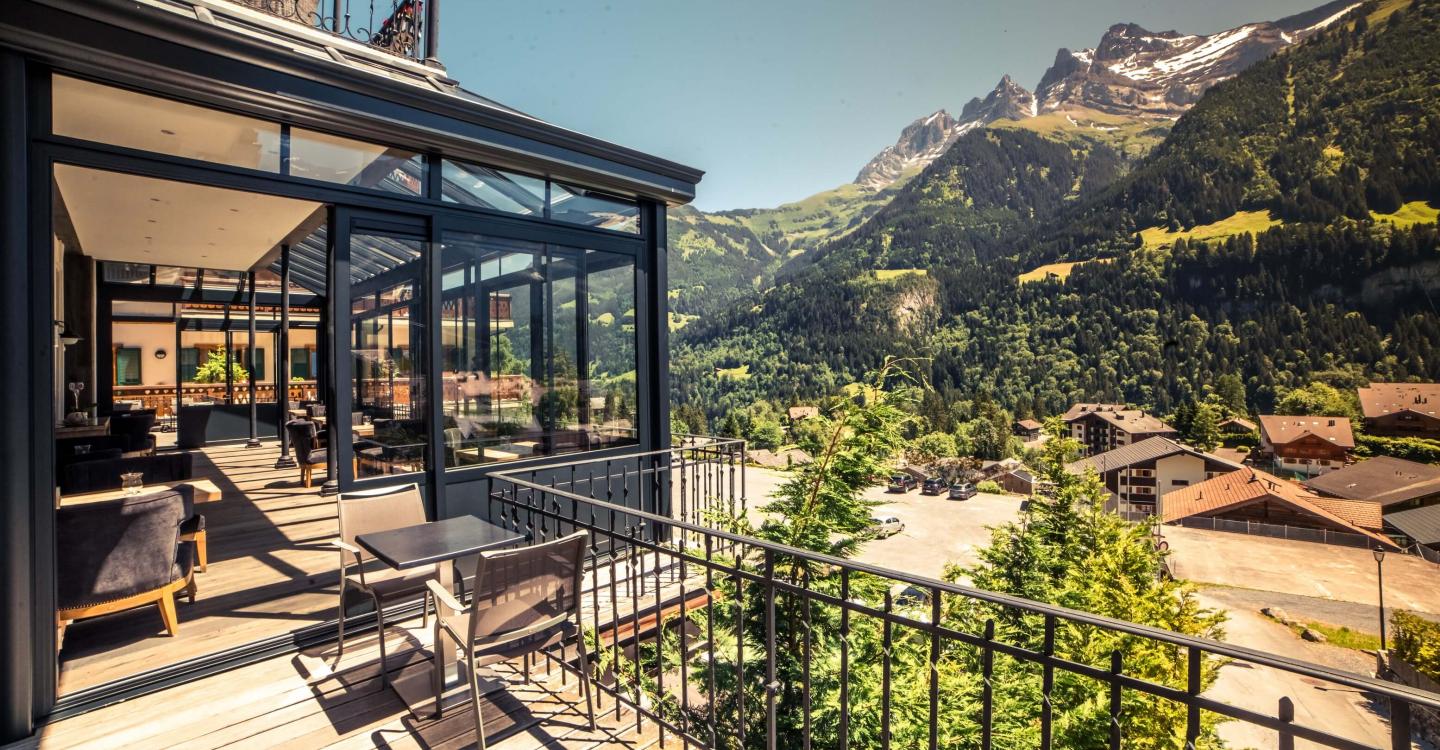 Terrace and mountain view at Le National Champéry
